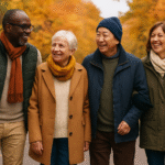 a group of senior citizens walking and enjoying the Fall weather in Washington State