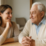 Adult daughter and senior father discussing home care options in a supportive, hopeful moment.