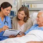 a nurse reviewing a discharge plan in the hospital room with a family