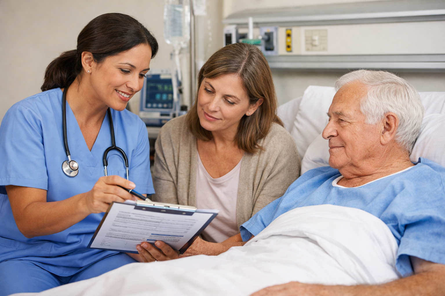 a nurse reviewing a discharge plan in the hospital room with a family