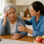 caregiver giving an elderly woman a glass of water