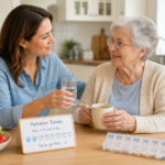 caregiver providing hydration tracking to prevent dehydration with an elderly woman