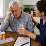 elderly man with head pain being helped by a caregiver