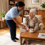 Professional in-home caregiver assisting a senior woman in a warm, comfortable home living room.