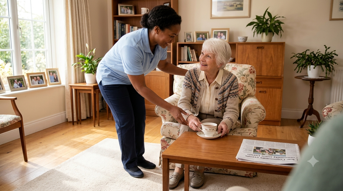 Professional in-home caregiver assisting a senior woman in a warm, comfortable home living room.