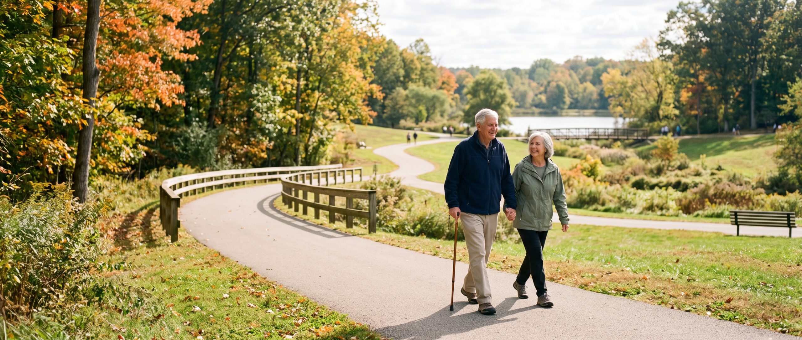 A happy senior couple holding hands and walking on a paved pathway in a park during autumn