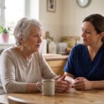 An in-home caregiver offering a warm, reassuring smile while sitting next to an elderly woman at a kitchen table.