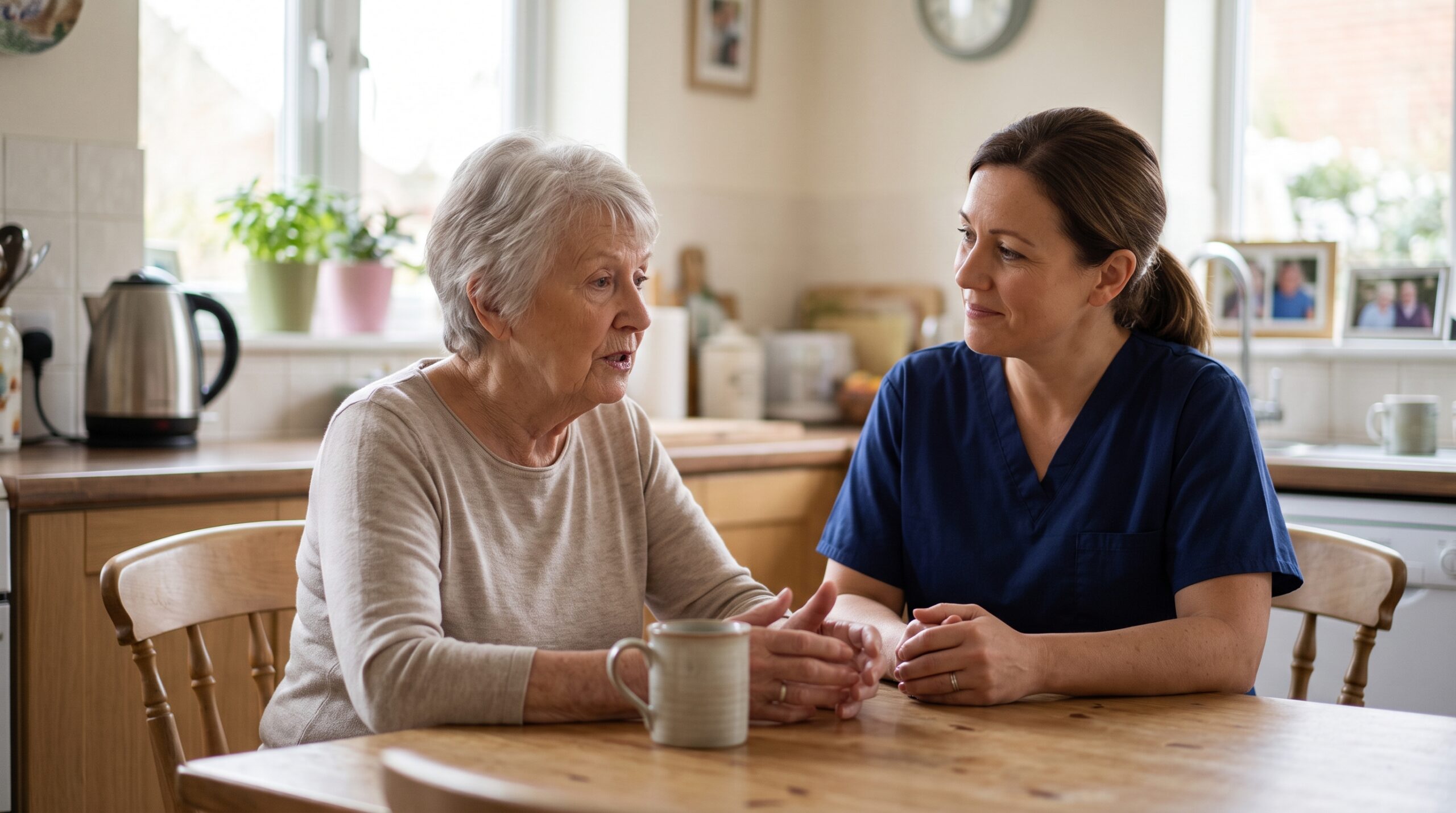 An in-home caregiver offering a warm, reassuring smile while sitting next to an elderly woman at a kitchen table.